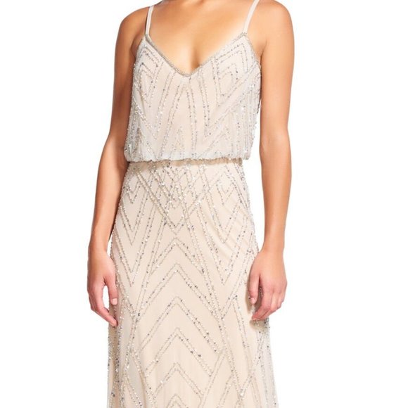 Adrianna Papell Dresses & Skirts - Adrianna Papell Art Deco Beaded Blouson Gown in Silver Nude